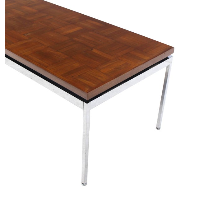 Metal Solid Stainless Steel Heavy Base Rectangular Coffee Table with Parquet Top For Sale - Image 7 of 7