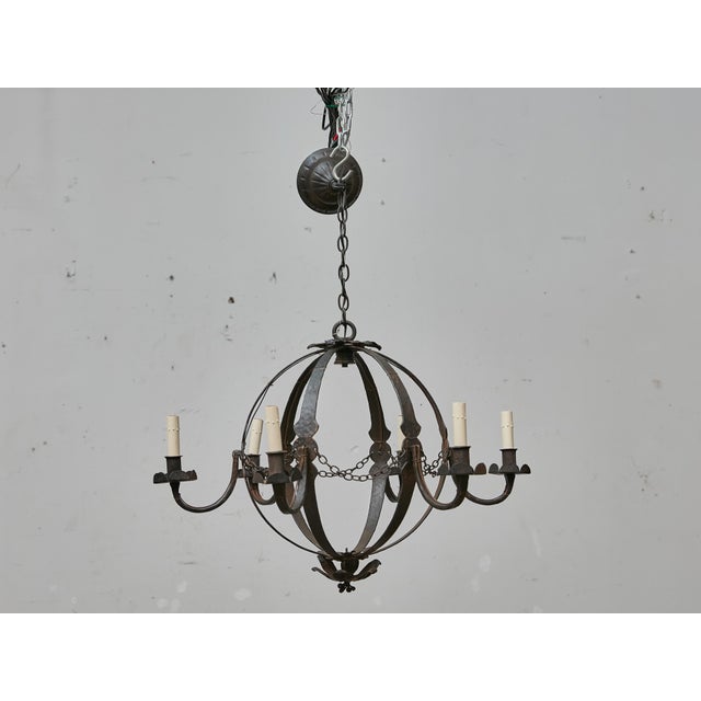 French Wrought Iron Globe Chandelier with Six Scrolling Arms, Circa 1900 For Sale - Image 4 of 11