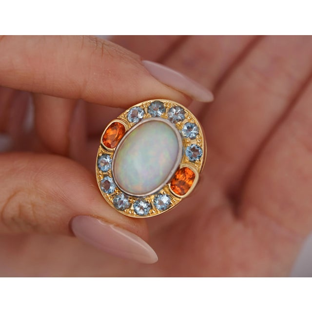 Metal Gia Certified 8 Carat White Opal With Orange Garnet & Aquamarine Halo Ring Size 5.5 For Sale - Image 7 of 12