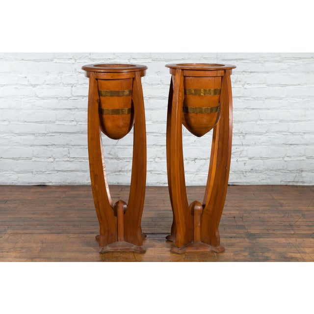 Wood Mid 20th Century Javanese Art Deco Style Teak Wood & Brass Brace Plant Stands - A Pair For Sale - Image 7 of 13