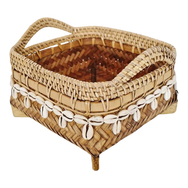 Vintage Coastal Bamboo & Cowry Basket Small For Sale