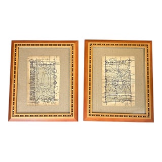 Two Original Wayne Cunningham Abstract Marker Drawings on Vintage Book Pages- Set of Two For Sale