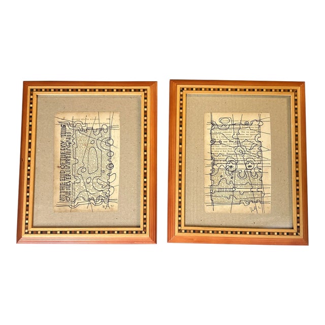 Two Original Wayne Cunningham Abstract Marker Drawings on Vintage Book Pages- Set of Two For Sale