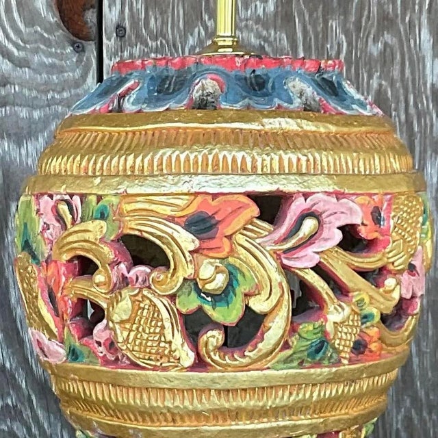 Vintage Boho Carved Wood Table Lamp For Sale - Image 13 of 13