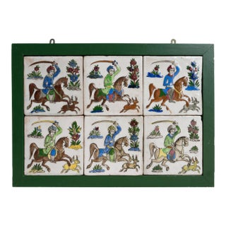 Set of Six Antique Persian Qajar Tiles Depicting Hunters on Horseback, 19th Century For Sale