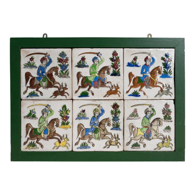 Set of Six Antique Persian Qajar Tiles Depicting Hunters on Horseback, 19th Century For Sale