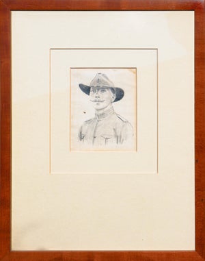 Naturalistic Monochromatic Figurative Drawing of a Mustached Calvary Officer, Early 20th Century
