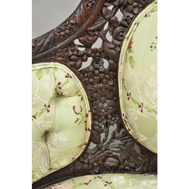 Antique Italian Renaissance Carved Walnut French Victorian Rams Head Green Sofa For Sale - Image 4 of 18