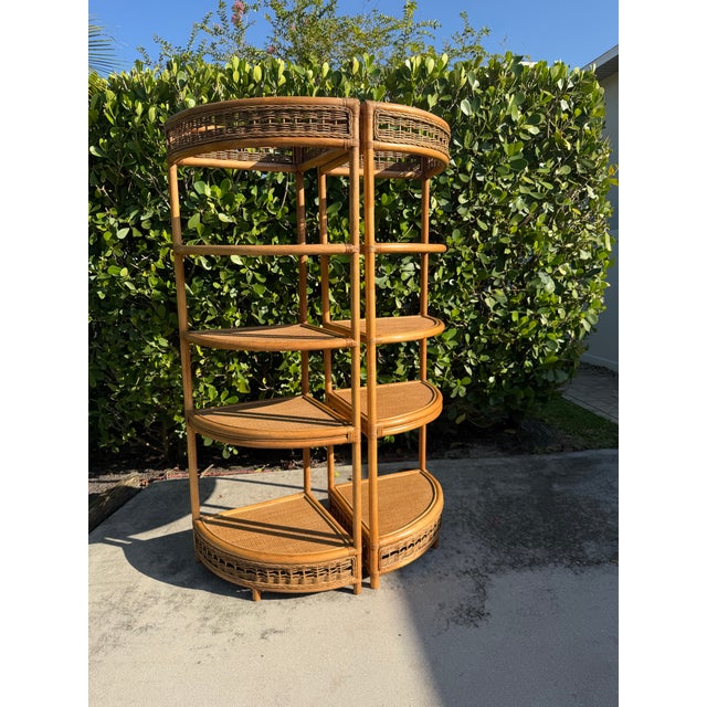Vintage Tall Palm Beach Coastal Woven Rattan Corner Étagères, Pair For Sale - Image 9 of 12