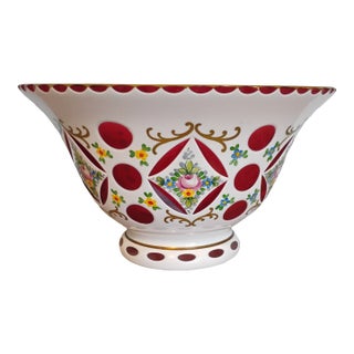 Czech Vintage Bohemian Bowl White Cut to Cranberry For Sale