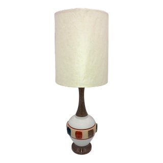 Mid-Century Modern Tall Glazed Ceramic Painted Single Gourd Table Lamp and Barrel Shade - a Pair For Sale