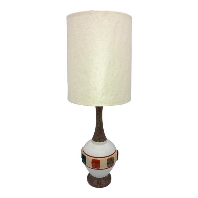 Mid-Century Modern Tall Glazed Ceramic Painted Single Gourd Table Lamp and Barrel Shade - a Pair For Sale