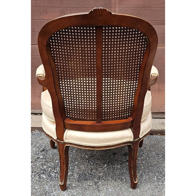 Late 20th Century Pair Century Furniture Lpuis XV Style Walnut Cane Back and Upholstered Fauteuils For Sale - Image 9 of 12
