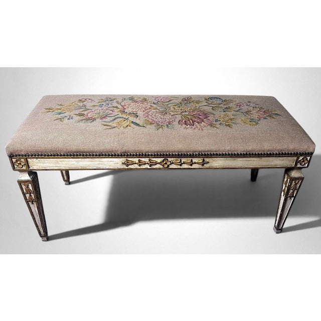 French Early 20th Century French Louis XVI Style Lacquered Wood Settee With Needlepoint Upholstery For Sale - Image 3 of 18