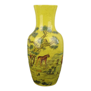 Antique Chinese Ceramic Qing Dynasty Qianlong Marked Yellow Ground Crackle Glaze Porcelain Vase Hand Painted Twelve Chinese Zodiac Signs Pattern
