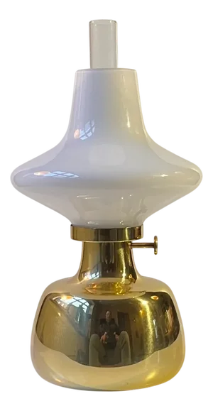 Vintage Brass and Opaline Glass Oil Lamp by Henning Koppel for Louis Poulsen, 1960s