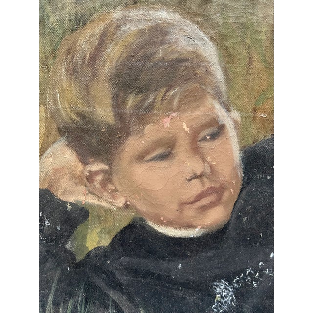 Late 20th Century Vintage Realist Portrait Oil Painting of a Young Boy With Dandelions For Sale - Image 5 of 10