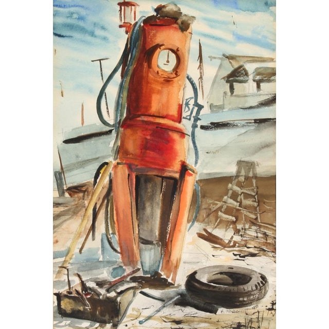 Figurative 1950s "Gas Pump" Watercolor Painting by Eve Nethercott For Sale - Image 3 of 3
