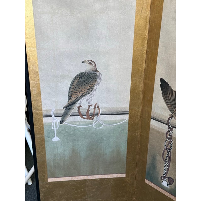 Design Plus Gallery presents a Four Panel Screen Showcasing Tethered Hawks from Japan. Hawks tethered to their perches,...