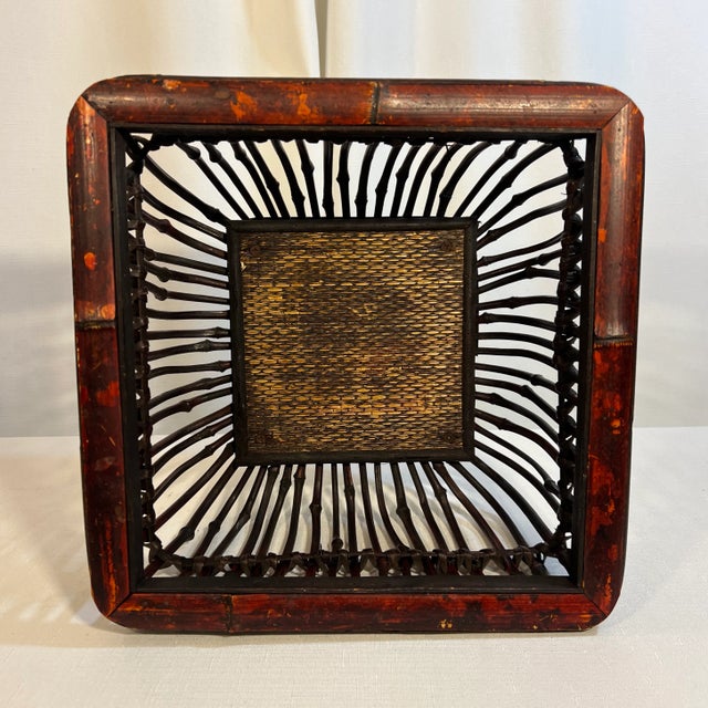 Japanese Vintage Boho Chic Torched Bamboo and Reed Square Footed Bowl For Sale - Image 3 of 9