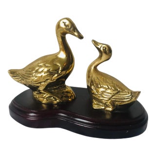Mid Century Brass Ducks Figurines Mounted on Wooden Base For Sale