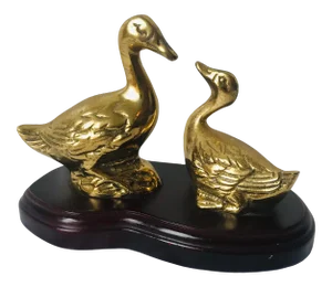 Mid Century Brass Ducks Figurines Mounted on Wooden Base