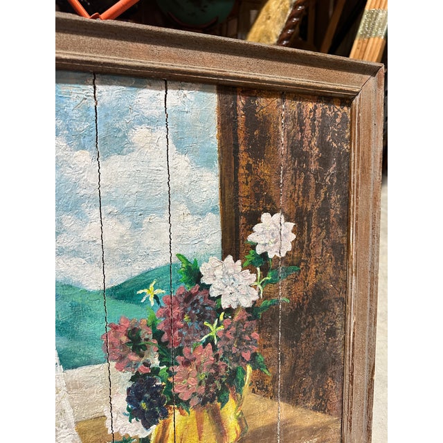 Wood 1970s Framed Wooden Floral Painting, Signed by Artist For Sale - Image 7 of 7