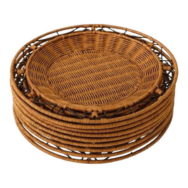 Vintage 1950s Rattan/Wicker Hand-Woven Chargers (Set of 8) Holiday Decor – Substantial, 8 LBS Total For Sale