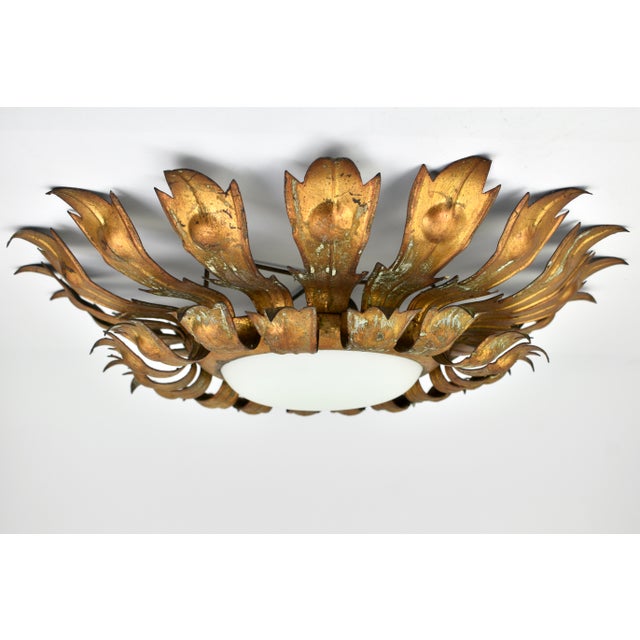 1950s 1950s Mid Century Gilded Spanish Sunburst Flush Mount With Green Patina For Sale - Image 5 of 13