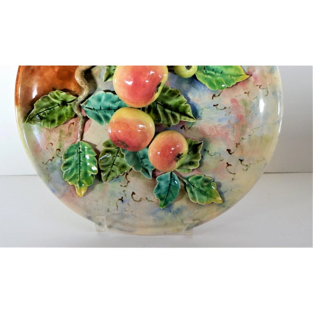Antique Majolica French Barbotine Palissy Charger/Plate Apples 13” For Sale - Image 4 of 8