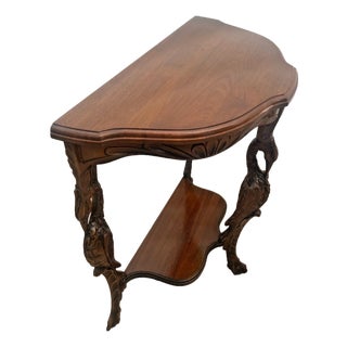 Vintage Demilune Console Half Moon Table, Walnut Top, Bottom Shelf, Carved Swan For Sale