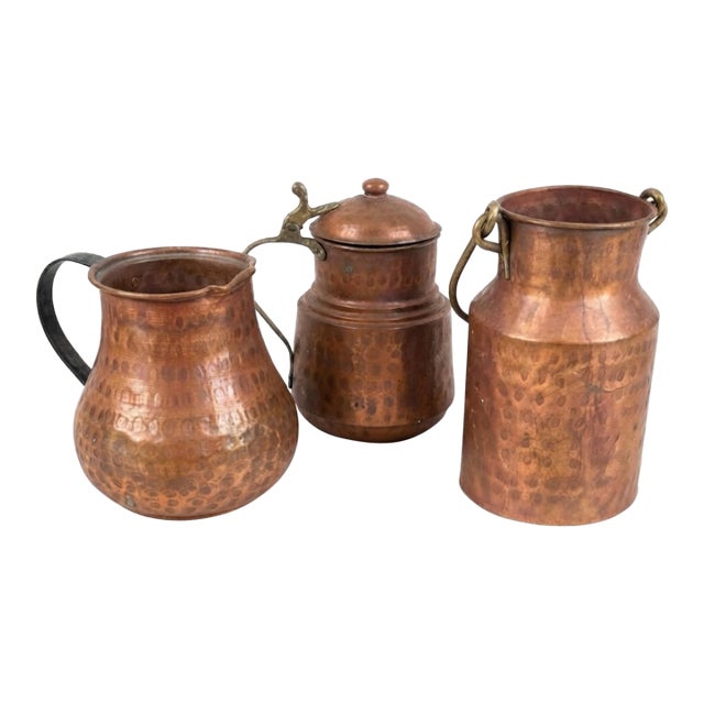 Set of 3 Vintage Hammered Copper Vessels With Aged Patina For Sale
