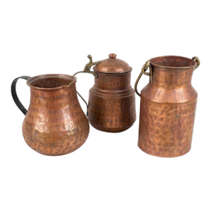 Set of 3 Vintage Hammered Copper Vessels With Aged Patina