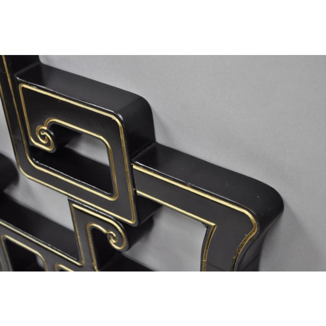 Vintage Chinoiserie Black Gold Ebonized Chinese Fretwork Queen Sz Bed Headboard For Sale - Image 12 of 14