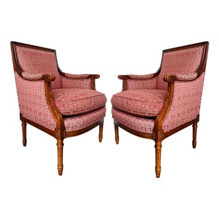 Vintage Hancock & Moore Louis XVI Neoclassical Mahogany Bergère Chairs - A Pair For Sale