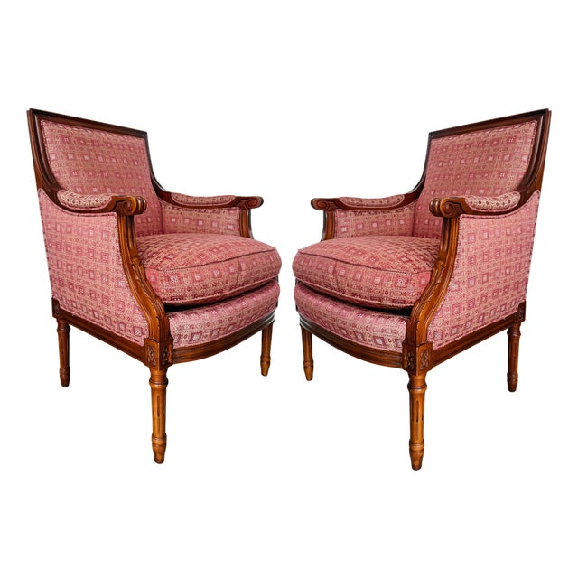 Vintage Hancock & Moore Louis XVI Neoclassical Mahogany Bergère Chairs - A Pair For Sale