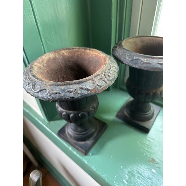 Black Vintage Small Cast Iron Tabletop Urns - A Pair For Sale - Image 8 of 10