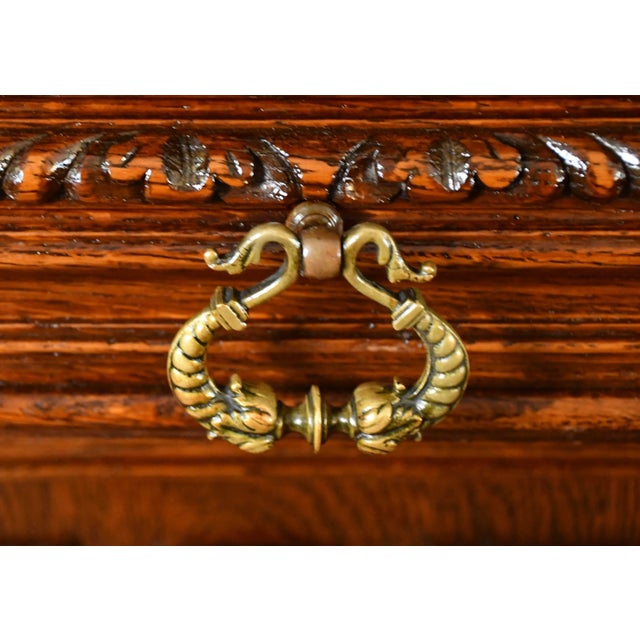 1860s Antique French Gothic Revival Solid Oak & Stained Glass Doors Cabinet For Sale - Image 9 of 18