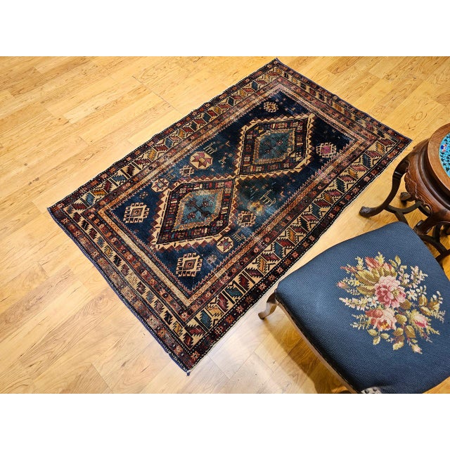 19th Century Caucasian Kazak Area Rug, Hand-Knotted Wool, Blue & Ivory, 4' x 6' For Sale In Chicago - Image 6 of 18