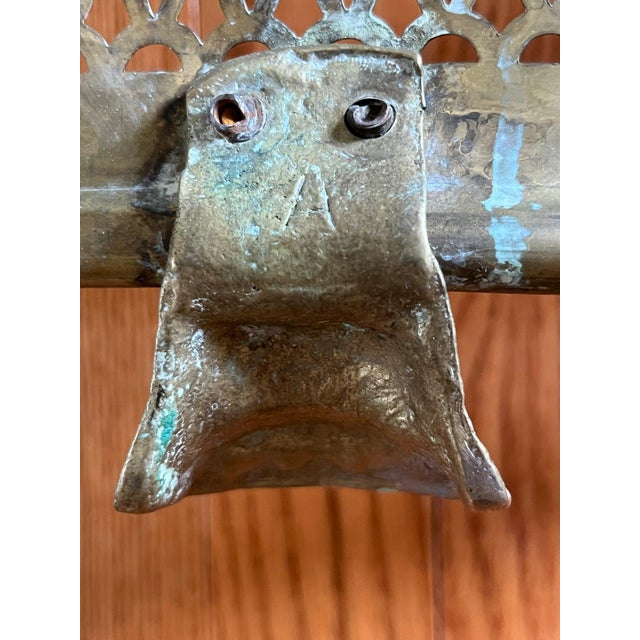 Mid‑Century Brass Pierced Fireplace Fender + Andirons & Tool Set- 6 Pieces For Sale In New York - Image 6 of 12