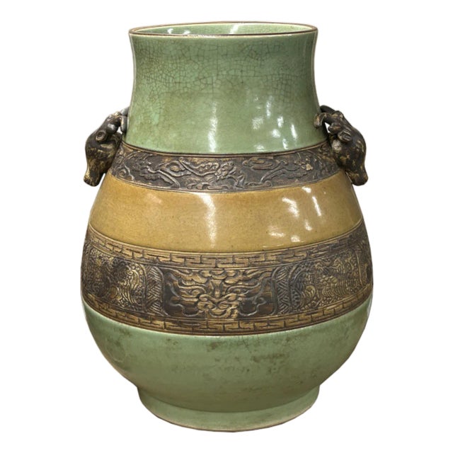 Orient Crackle Green Dragon Motif Ram Heads Artistic Pottery Ceramic Vase For Sale