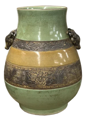 Orient Crackle Green Dragon Motif Ram Heads Artistic Pottery Ceramic Vase