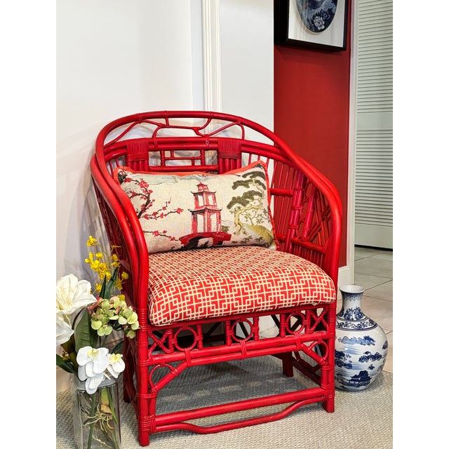 professionally Restored vintage Brighton pavilion accent chair. Extra Large chair painted in coral red and new upholstery...
