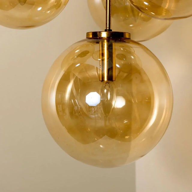 Brass Cascade with Seven Hand Blown Globes Ceiling Lamp from Glashütte Limburg For Sale - Image 4 of 11