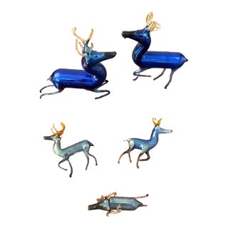 Set of 5 German Mercury Glass Handblown Reindeer From 1938 For Sale