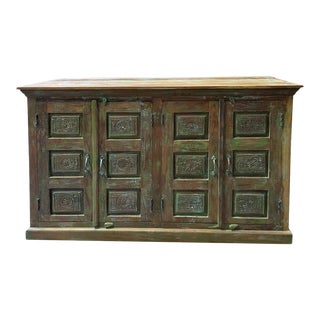 1920s Rustic Green Sideboard Carved Chakra Sideboard For Sale