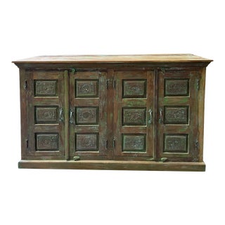 1920s Rustic Green Sideboard Carved Chakra Sideboard For Sale