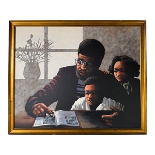 Vintage Matthew African Family Interior Scene Acrylic on Canvas Painting, Framed For Sale