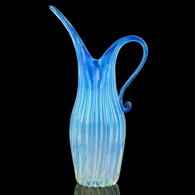 Beautiful large Murano hand blown opalescent blue to white Italian art glass pitcher or vase. Documented to the Fratelli...