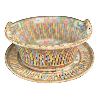 Reticulated Antique Rose Medallion Porcelain Bowl and Plate For Sale